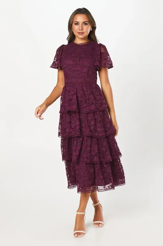 Plum A-Line Tiered Lace Dress With Flutter Sleeve & Trims Wedding Guest Party Dresses High-Low Hemline Casual Plum A-Line Tiered Lace Dress With Flutter Sleeve & Trims Wedding Guest Party Dresses High-Low Hemline Casual