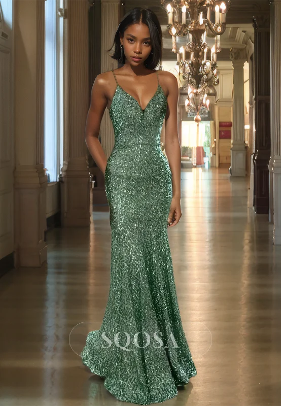 V-Neck Spaghetti Straps Off-Shoulder Mermaid Prom Dress Sleeveless Glitter-Knit Party Dress with Sweep Train Tunics Winter warm V-Neck Spaghetti Straps Off-Shoulder Mermaid Prom Dress Sleeveless Glitter-Knit Party Dress with Sweep Train Tunics Winter warm
