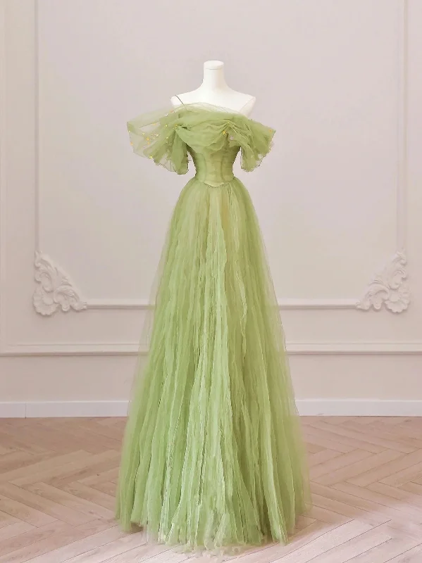 Green Tulle Off Shoulder Long Prom Dresses, Green Tulle Formal Evening Dress Tunics Spring floral Green Tulle Off Shoulder Long Prom Dresses, Green Tulle Formal Evening Dress Tunics Spring floral