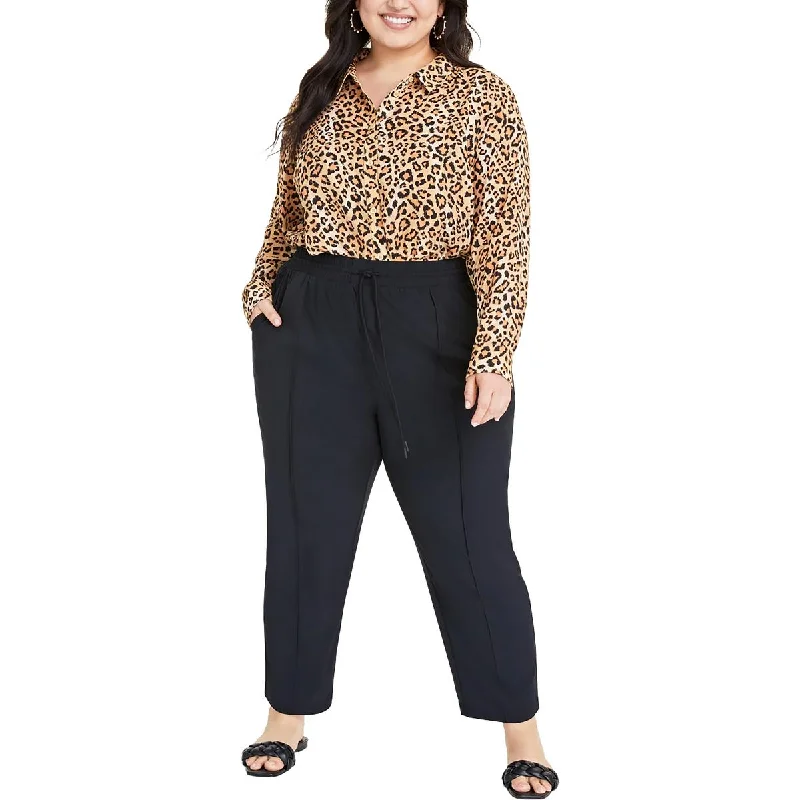 On 34th Womens Plus Mid Rise Drawstring Straight Leg Pants Stylish Slim Trousers