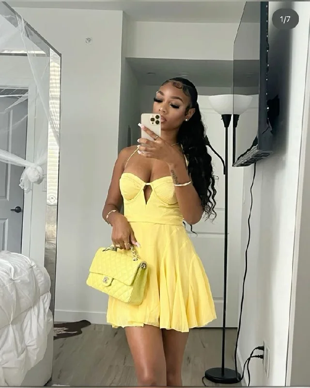 Yellow A-Line Short Party Dress Straps Homecoming Dress, DP2558 Tunics Distressed trendy Yellow A-Line Short Party Dress Straps Homecoming Dress, DP2558 Tunics Distressed trendy