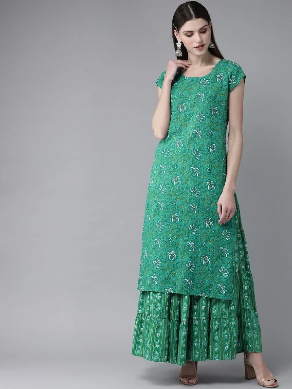 Women's  Green & Off-White Printed Kurta with Skirt - AKS modal blend skirt
