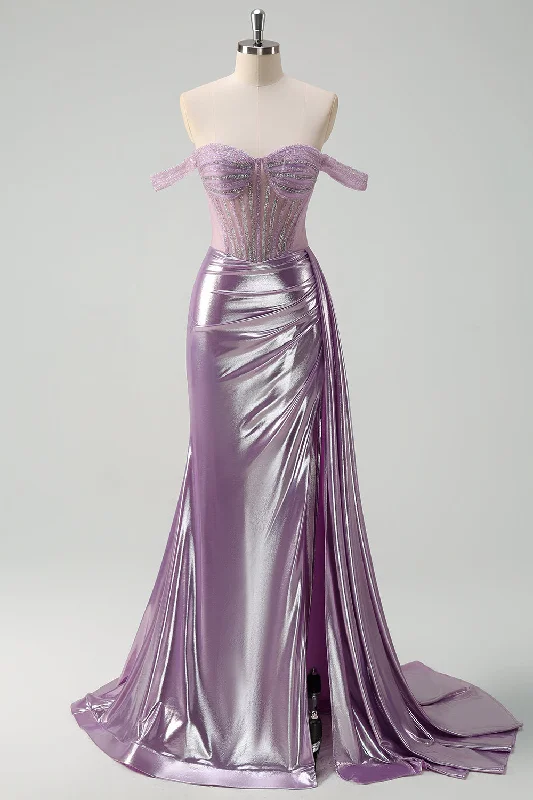 Light Purple Off The Shoulder Watteau Train Mermaid Corset Metallic Prom Dress Tunics Mesh breathable Light Purple Off The Shoulder Watteau Train Mermaid Corset Metallic Prom Dress Tunics Mesh breathable