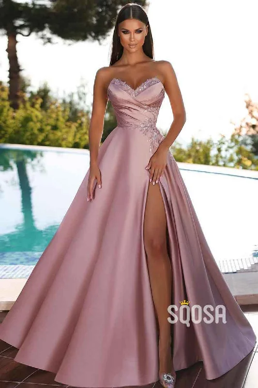 A Line V neck Satin Appliques Elegant Long Prom Party Dress with Slit QP1396 Tunics Vintage classic A Line V neck Satin Appliques Elegant Long Prom Party Dress with Slit QP1396 Tunics Vintage classic