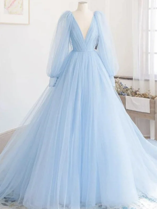 Long Sleeves Blue Tulle Prom Dress, Blue Tulle Long Sleeves Formal Graduation Dresses A-Line Day Work Long Sleeves Blue Tulle Prom Dress, Blue Tulle Long Sleeves Formal Graduation Dresses A-Line Day Work