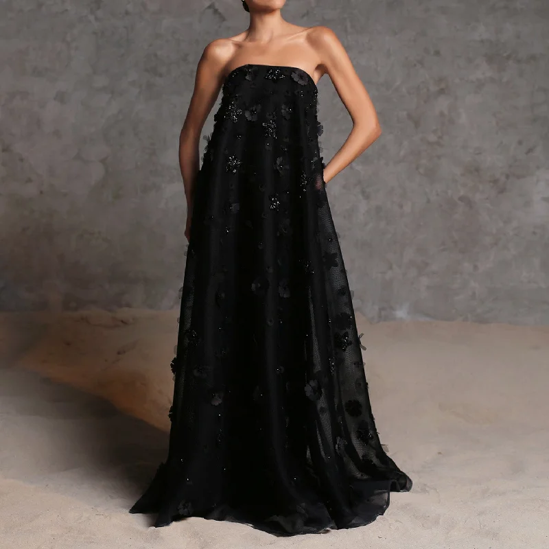 Luxury 3D Flowers Black Strapless Evening Dress SS542 Pencil Office Professional