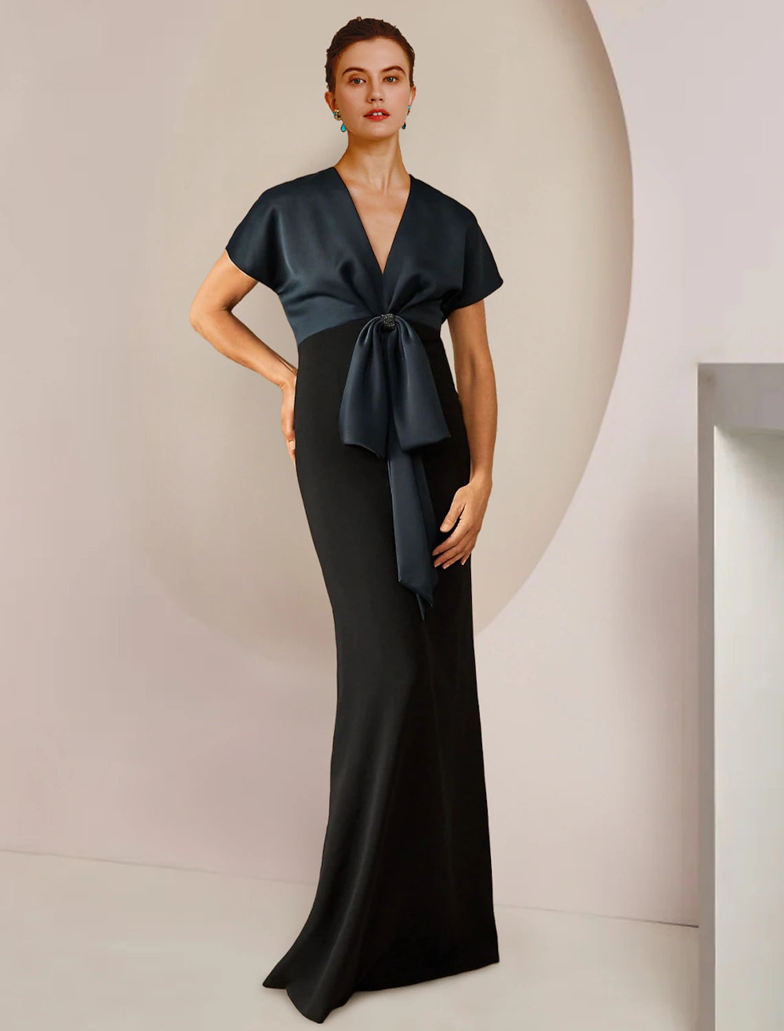 Sheath / Column Jewel Neck Floor Length Satin Short Sleeve with Bow(s) Mother of the Bride Dress Wedding Guest Elegant Party Dress Tunics Practical easy-care Sheath / Column Jewel Neck Floor Length Satin Short Sleeve with Bow(s) Mother of the Bride Dress Wedding Guest Elegant Party Dress Tunics Practical easy-care
