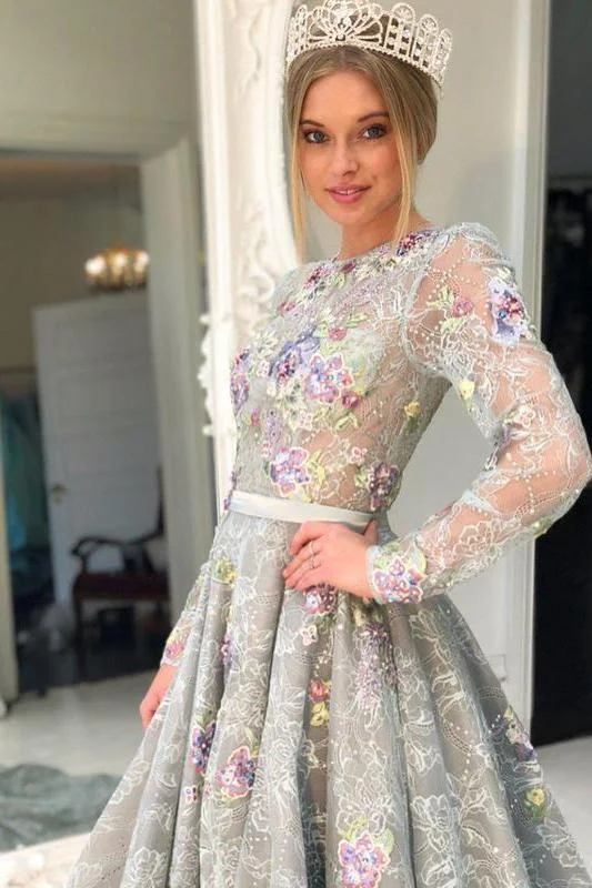 A Line Long Sleeve High Neck Beads Grey Beads Flowers Party Dresses Prom Dresses Tunics Chinos classic