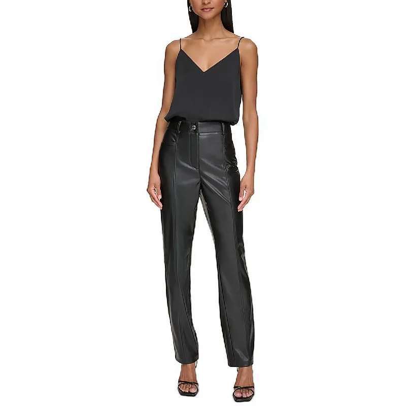Calvin Klein Womens Faux Leather High-Rise Straight Leg Pants Formal Slim Pants