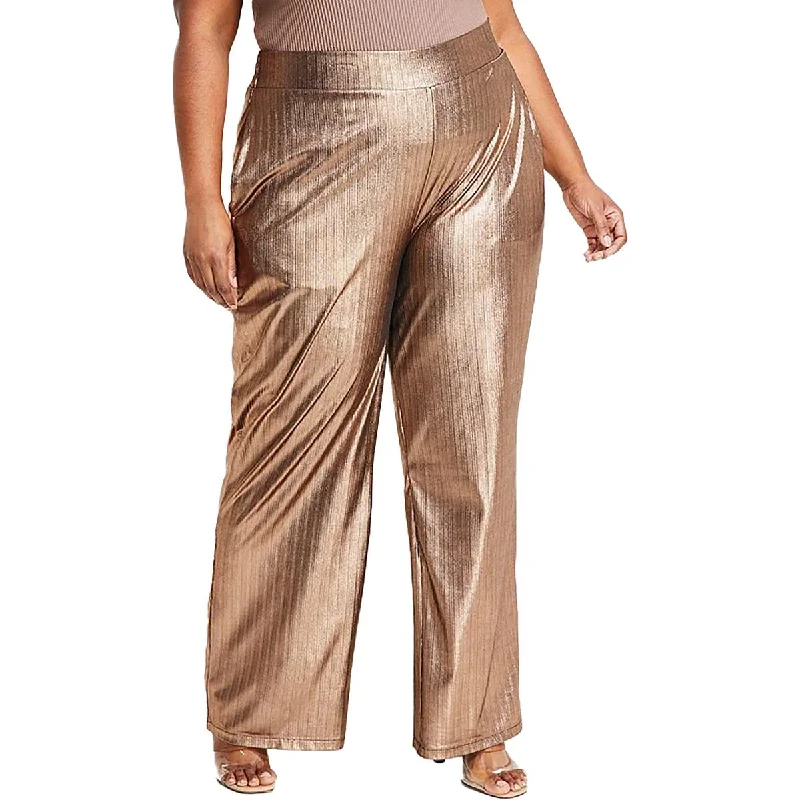 Nina Parker Womens Plus   Metallic Disco Wide Leg Pants Trendy High-Waist Trousers