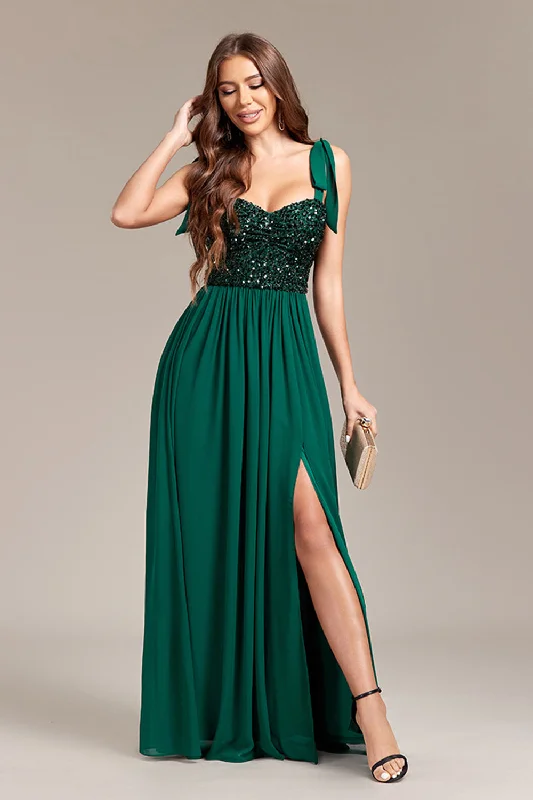 Sparkly Green Sequins Long Prom Dress With Slit Halter Neckline Beach