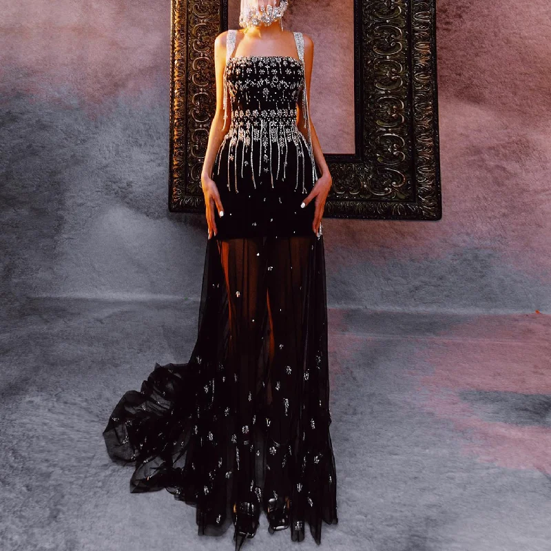 Luxury Crystal Tassel Black Evening Dress with Straps / Cape SS294 Tunics Trendy modern Luxury Crystal Tassel Black Evening Dress with Straps / Cape SS294 Tunics Trendy modern