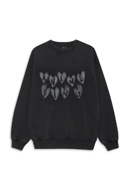 Anine Bing - Spencer Sweatshirt Hearts in Black Hoodie with Hem Ribbing Snug Secure