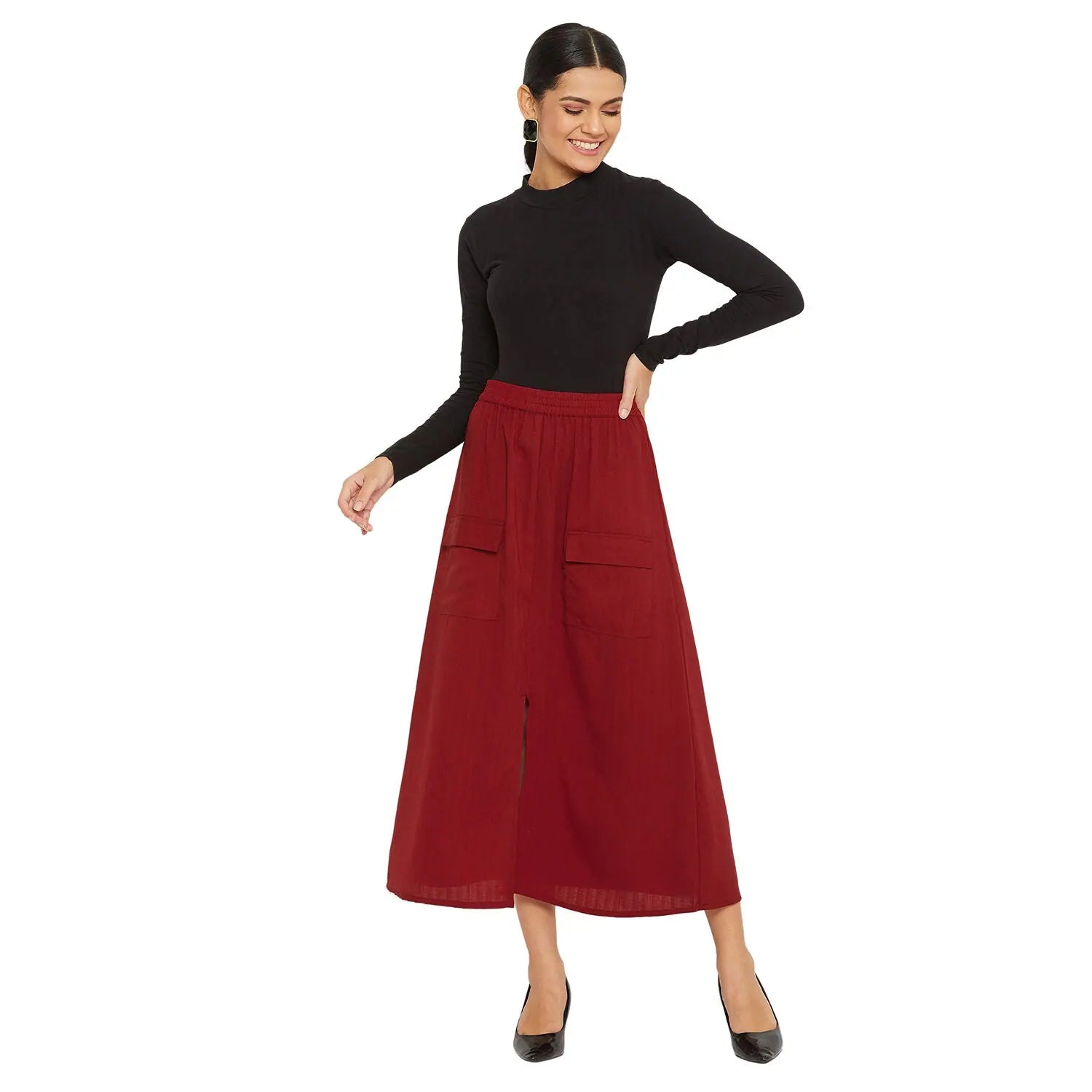 Adults-Women Solid Maroon Skirt With Front Slit button skirt front