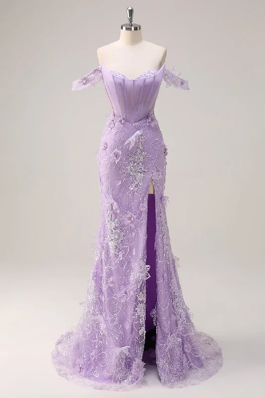 Lilac Off the Shoulder Mermaid 3D Flowers Long Corset Prom Dress with Slit Tunics Handmade artisanal Lilac Off the Shoulder Mermaid 3D Flowers Long Corset Prom Dress with Slit Tunics Handmade artisanal