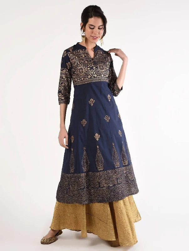 Women's Navy Blue & Golden Cambric Cotton Hand Block Print Anarkali Kurta With Silk Golden Skirt - Cheera relaxed fit skirt