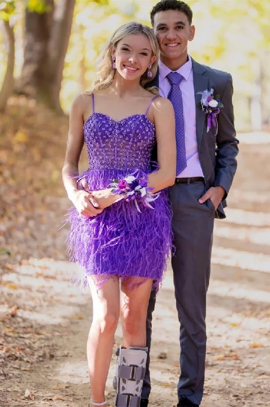 Purple Beading Spaghetti Straps Homecoming Dress Party Dress with Feather,DP1979 Tunics Sophisticated sleek Purple Beading Spaghetti Straps Homecoming Dress Party Dress with Feather,DP1979 Tunics Sophisticated sleek
