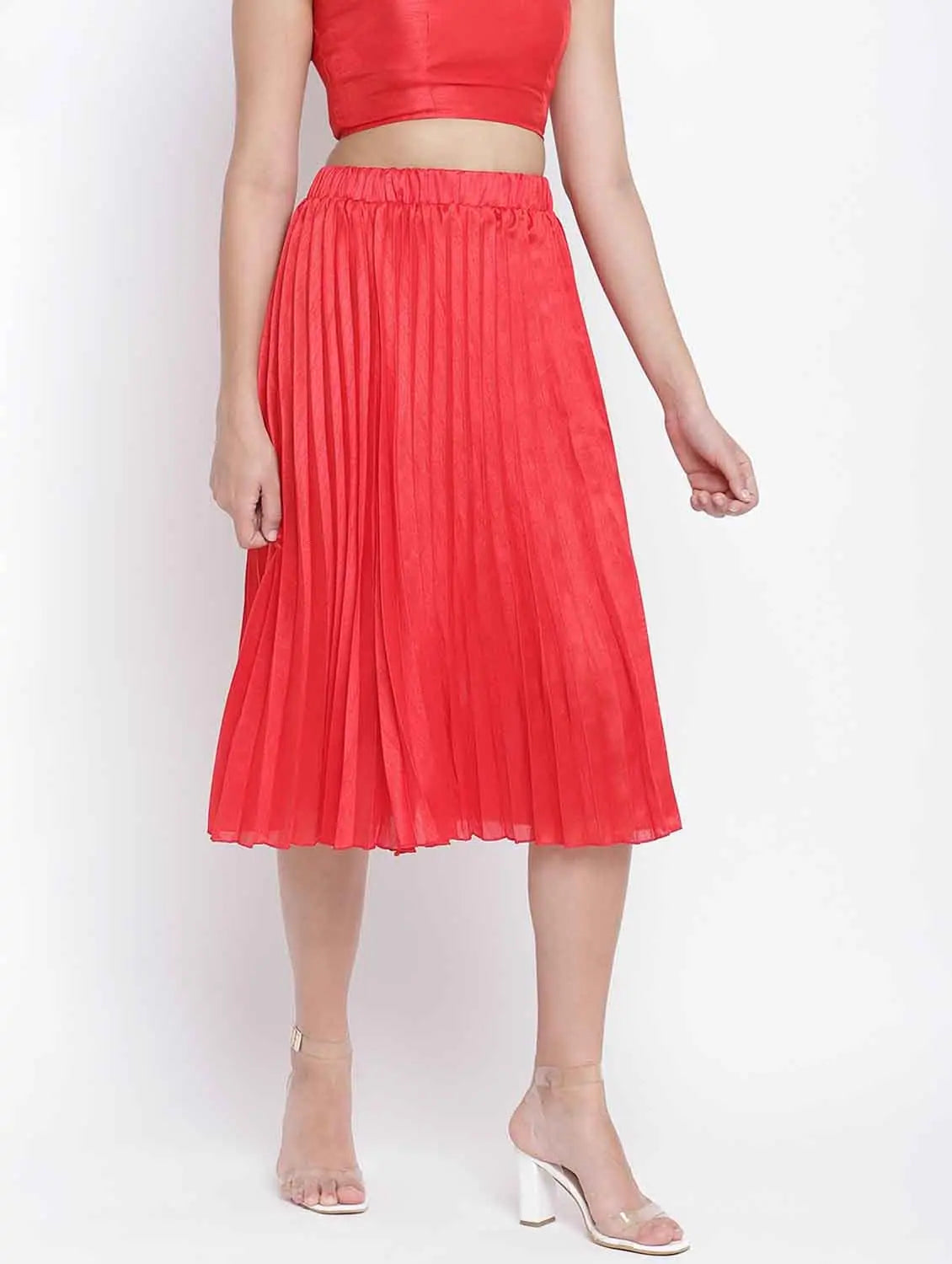 Hearted Red Pleated Women Skirt elastic waist skirt