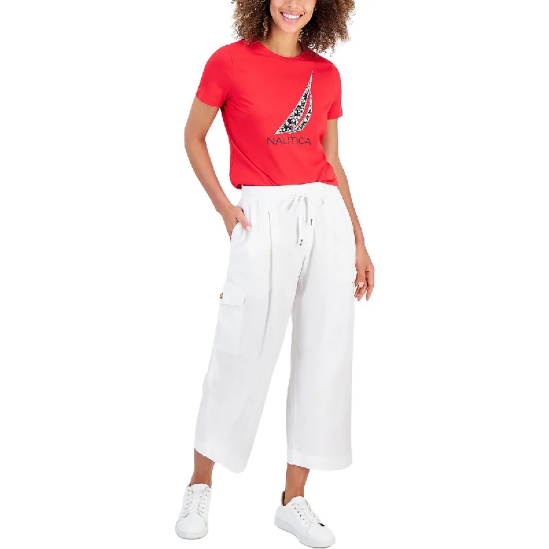 Nautica Womens High Rise Drawstring Cargo Pants Elegant Palazzo Trousers