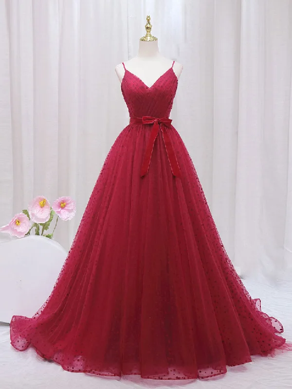 A-Line V Neck Tulle Burgundy Long Prom Dress, Burgundy Formal Dresses empire Waist empire A-Line V Neck Tulle Burgundy Long Prom Dress, Burgundy Formal Dresses empire Waist empire