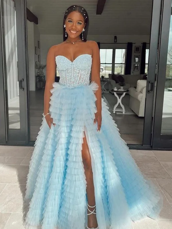 Strapless Ruffle Light Blue Lace Long Prom Dresses with High Slit, Light Blue Lace Formal Evening Dresses Tunics Print Colorful Strapless Ruffle Light Blue Lace Long Prom Dresses with High Slit, Light Blue Lace Formal Evening Dresses Tunics Print Colorful