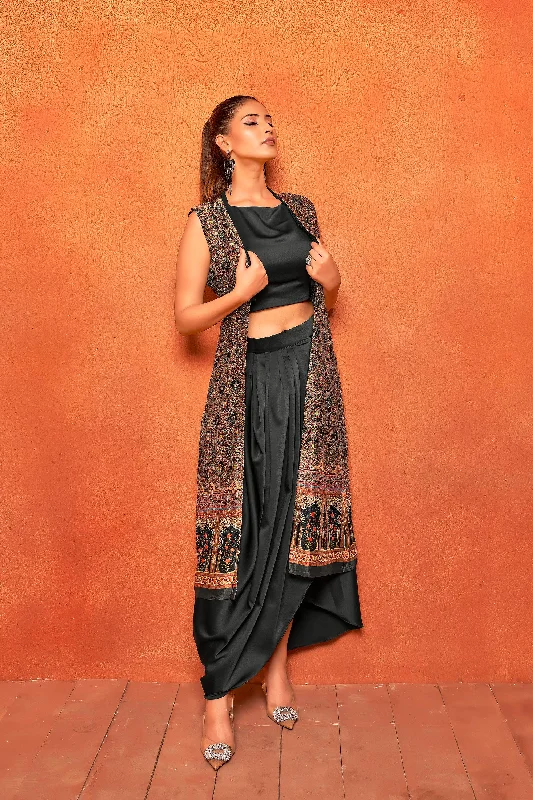 Women's Stylish Rich Black Ethnic Print Long Straight Shrug Dhoti Skirt Co-Ord Set - Curvy Lane silk skirt lustrous