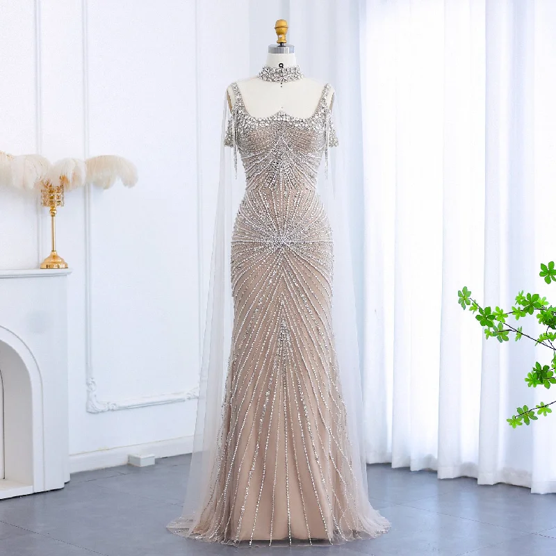 Luxury Tassel Silver Nude Evening Dress with Cape Chocker SS158 Tunics Trendy modern Luxury Tassel Silver Nude Evening Dress with Cape Chocker SS158 Tunics Trendy modern