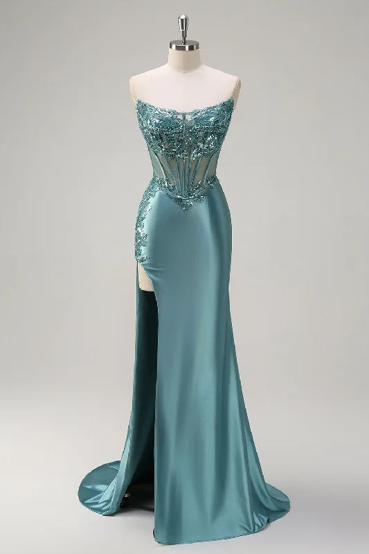 Sparkly Grey Green Mermaid Strapless Corset Appliques Satin Long Prom Dress with Slit Bodycon Club Sequined Sparkly Grey Green Mermaid Strapless Corset Appliques Satin Long Prom Dress with Slit Bodycon Club Sequined