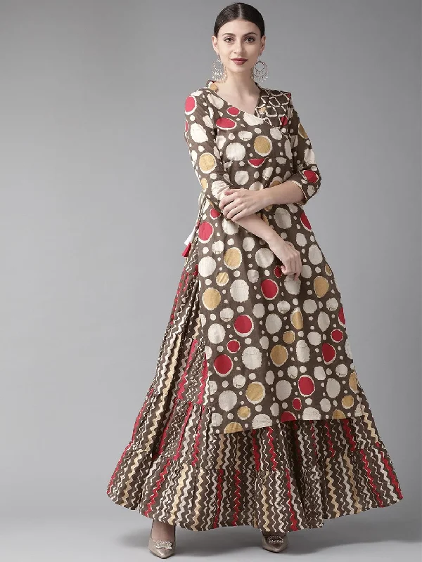 Women's  Brown & Off-White Printed Kurta with Skirt - AKS pencil skirt chic