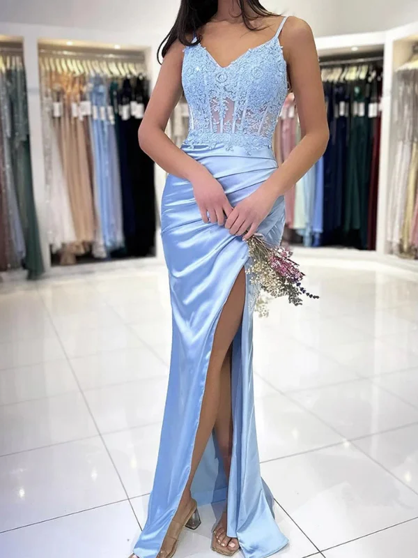 V Neck Light Blue Lace Prom Dresses with High Slit, Light Blue Lace Formal Evening Dresses Square Neckline Feminine V Neck Light Blue Lace Prom Dresses with High Slit, Light Blue Lace Formal Evening Dresses Square Neckline Feminine