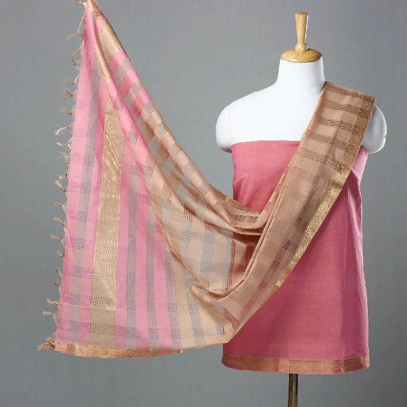 Pink - 3pc Handloom Cotton Mangalagiri Dress Material 02 Tunics Print Colorful