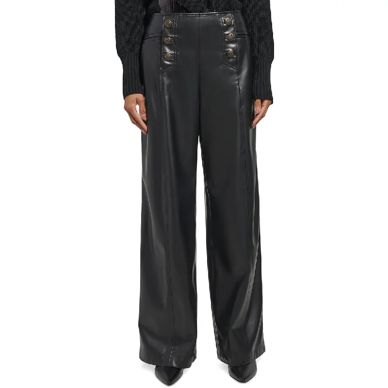 Karl Lagerfeld Paris Womens Faux Leather Wide Leg Pants Classic Cropped Pants