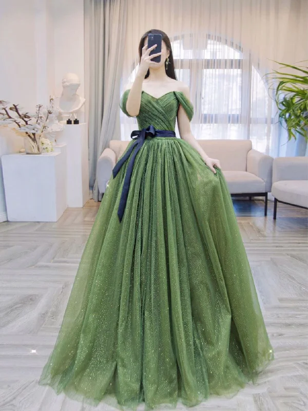 A-Line Tulle Off Shoulder Green Long Prom Dress, Green Formal Evening Dress Tunics Sophisticated sleek A-Line Tulle Off Shoulder Green Long Prom Dress, Green Formal Evening Dress Tunics Sophisticated sleek