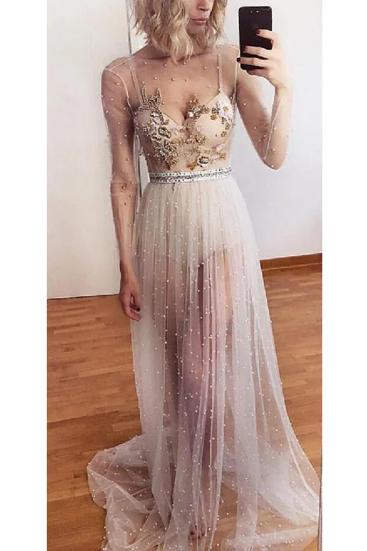 Unique Spaghetti Straps V Neck Tulle Prom Dresses with Appliques Party Dresses with Long Sleeves Tunics Gym athletic Unique Spaghetti Straps V Neck Tulle Prom Dresses with Appliques Party Dresses with Long Sleeves Tunics Gym athletic