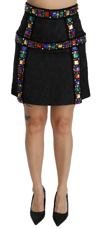 Elegant High-waist Embellished Black Skirt ruffled skirt detail