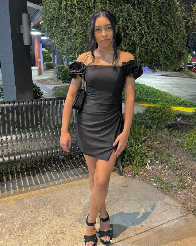 Black Ruffle Straps Sheath Short Party Dress Homecoming Dress, DP2594 Tunics Corduroy durable