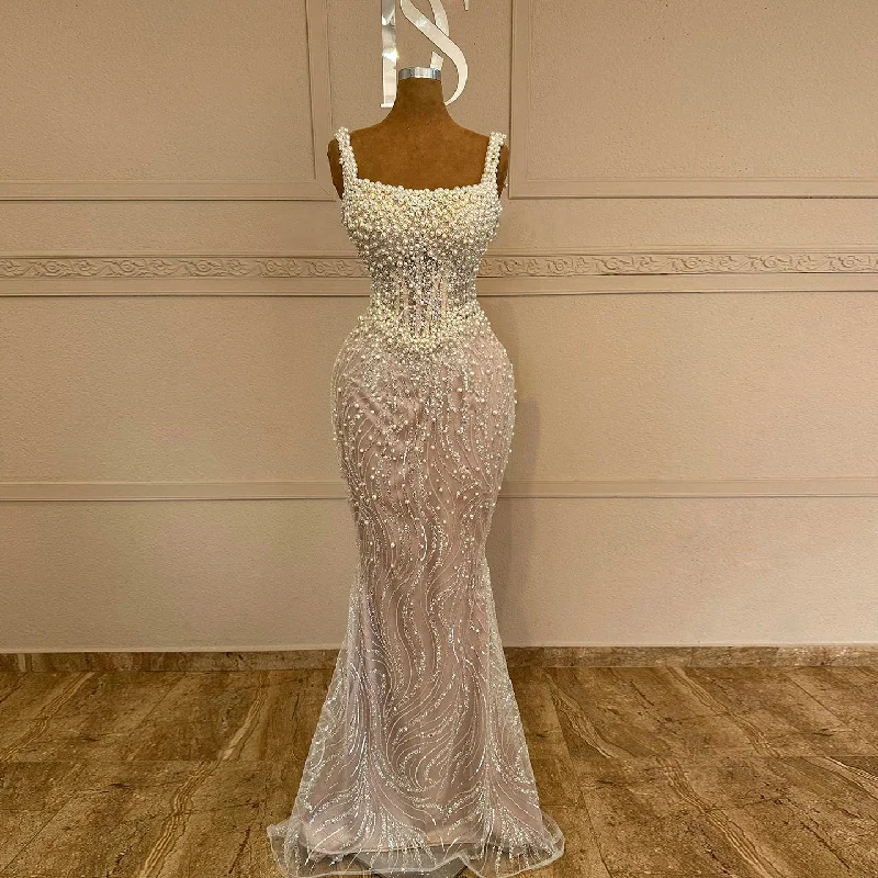 Elegant Mermaid White Nude Pearls Evening Dress SS134 Tunics Corduroy durable