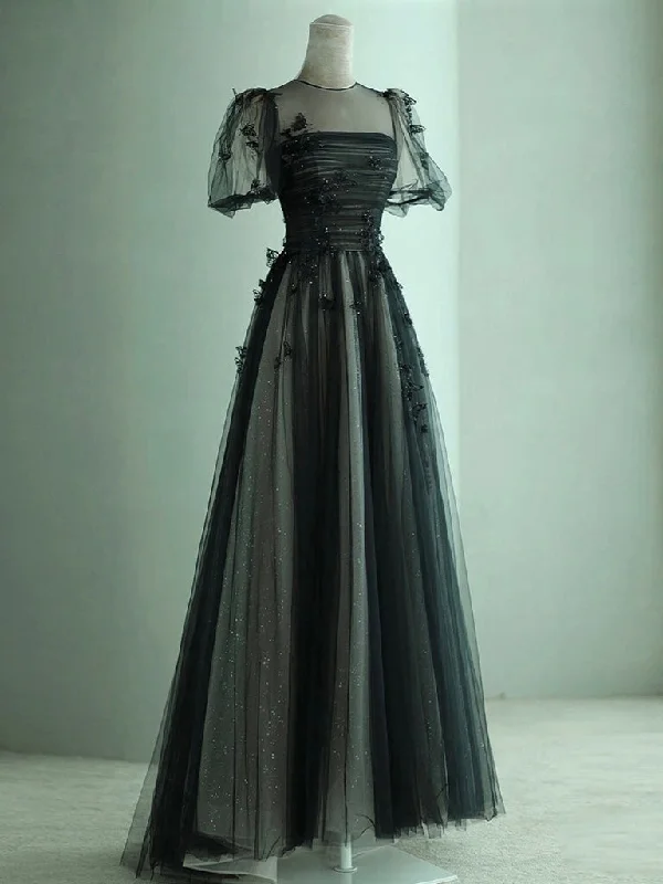 A-Line Black Puff Sleeves Tulle Long Prom Dress, Black Formal Evening Dress sweetheart Neckline Romantic A-Line Black Puff Sleeves Tulle Long Prom Dress, Black Formal Evening Dress sweetheart Neckline Romantic