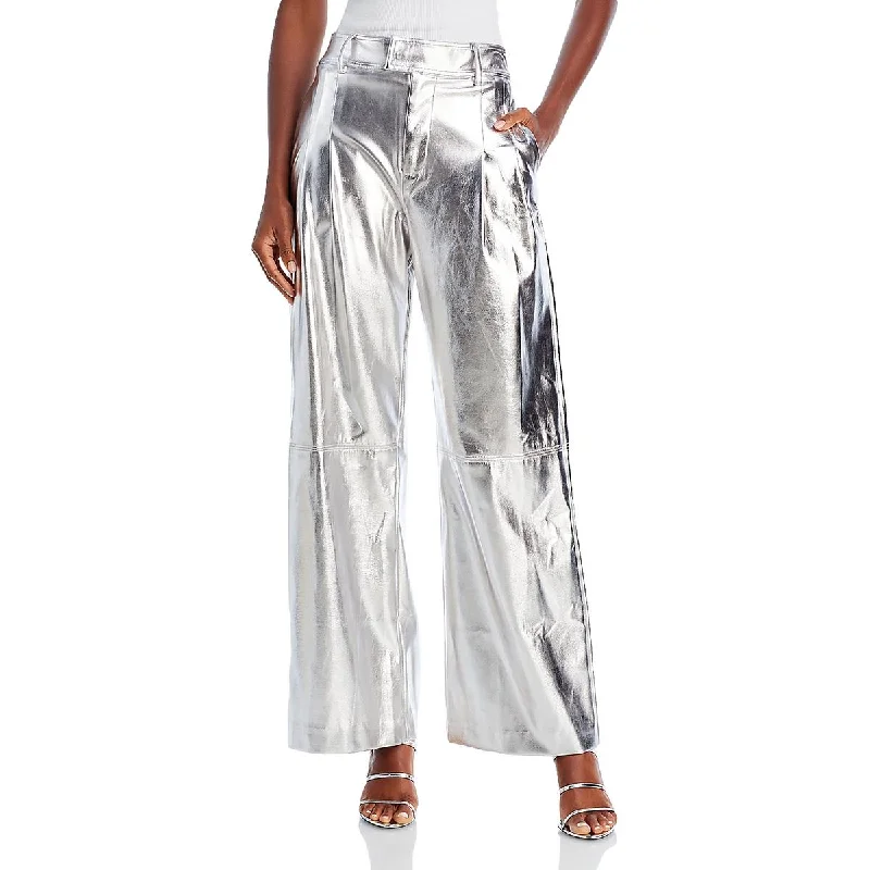 Line & Dot Womens Tinsley Metallic Faux Leather Wide Leg Pants Casual Wide Pants