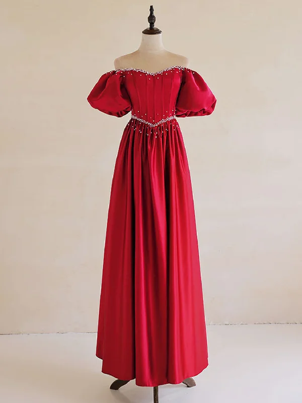 A-Line Burgundy Satin Puff Sleeves Long Prom Dress, Burgundy Formal Evening Dress Tunics Brand named A-Line Burgundy Satin Puff Sleeves Long Prom Dress, Burgundy Formal Evening Dress Tunics Brand named