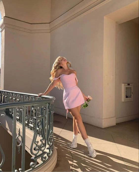 Pink Off Shoulder Mini Party Dress Homecoming Dress,DP1772 Lace Sexy Club