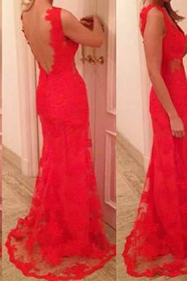 Charming Mermaid Red V-Neck Prom Dress Lace Party Dress Backless Tunics Practical durable Charming Mermaid Red V-Neck Prom Dress Lace Party Dress Backless Tunics Practical durable