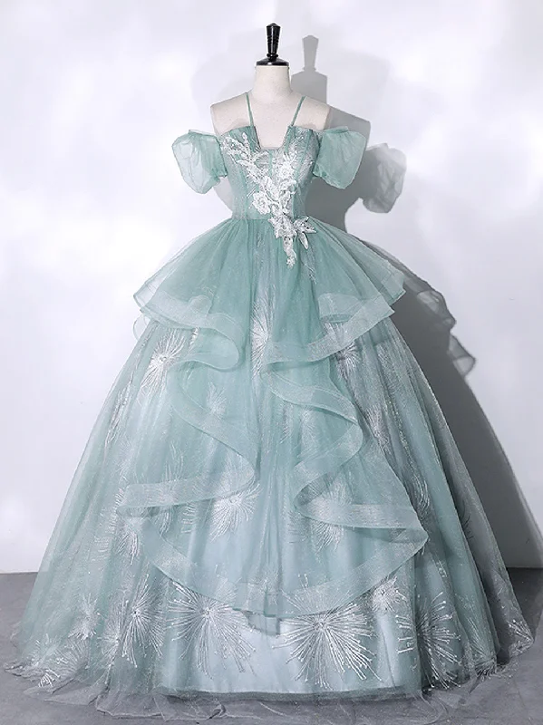 Green Tulle Lace Long Prom Dresses, Green Lace Long Sweet 16 Dress Tunics Long Elegant Green Tulle Lace Long Prom Dresses, Green Lace Long Sweet 16 Dress Tunics Long Elegant