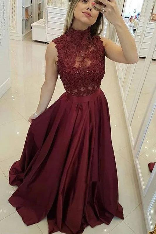 Burgundy High Neck Lace Prom Dresses Beads Satin Long Cheap Party Dresses WK573 Tunics Versatile functional Burgundy High Neck Lace Prom Dresses Beads Satin Long Cheap Party Dresses WK573 Tunics Versatile functional