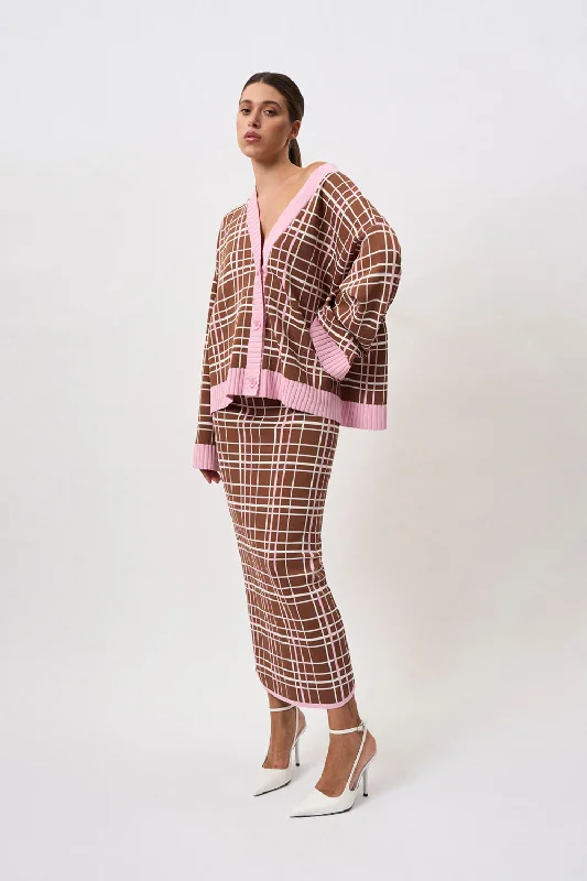 Carolina Check Knit Ankle Skirt | Final Sale - Brown Pink wrap skirt elegant