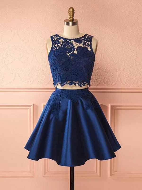 A Line Round Neck Dark Blue 2 Pieces Lace Short Prom Dresses, Dark Blue 2 Pieces Formal Dresses, Lace Homecoming Dresses Tunics Sophisticated sleek A Line Round Neck Dark Blue 2 Pieces Lace Short Prom Dresses, Dark Blue 2 Pieces Formal Dresses, Lace Homecoming Dresses Tunics Sophisticated sleek