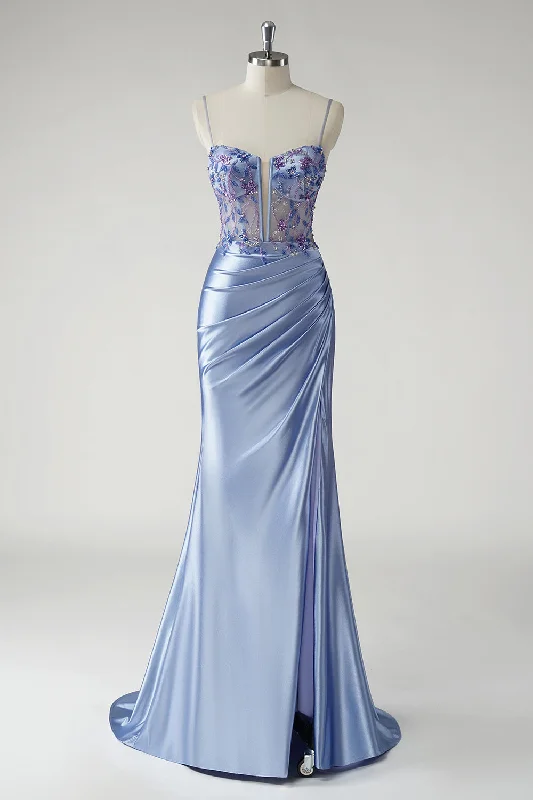 Sparkly Blue Mermaid Satin Floral Long Prom Dress with Slit Tunics Practical easy-care Sparkly Blue Mermaid Satin Floral Long Prom Dress with Slit Tunics Practical easy-care