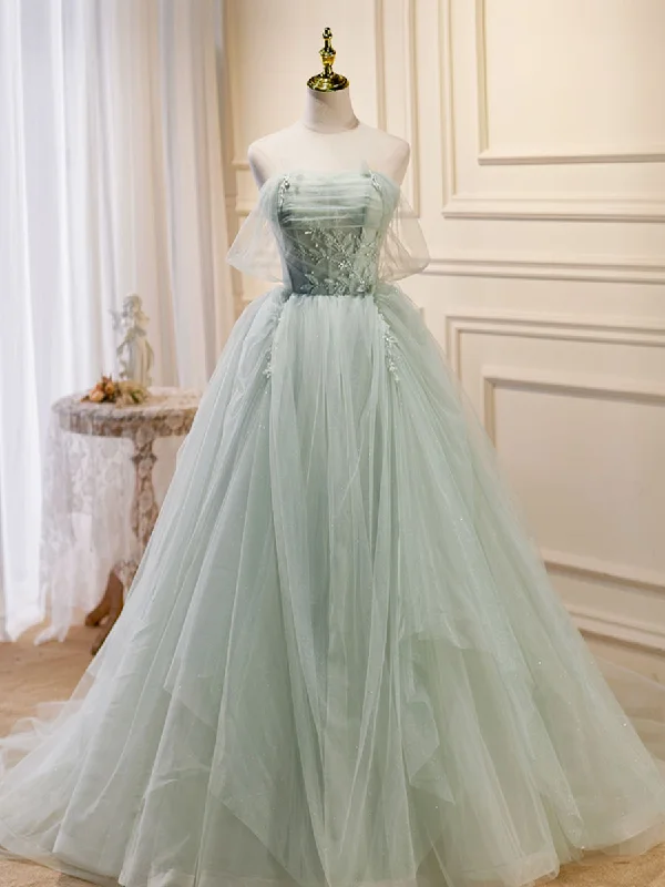 A-Line Off Shoulder Tulle Green Long Prom Dresses, Green Formal Dress with Beading Tunics Leisure comfortable A-Line Off Shoulder Tulle Green Long Prom Dresses, Green Formal Dress with Beading Tunics Leisure comfortable