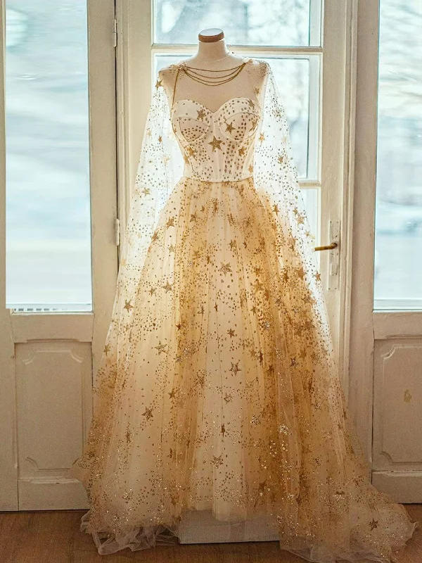 Champagne A-line Tulle Sequin Long Prom Dress, Champagne Formal Evening Dresses Tunics Ceremony elegant Champagne A-line Tulle Sequin Long Prom Dress, Champagne Formal Evening Dresses Tunics Ceremony elegant