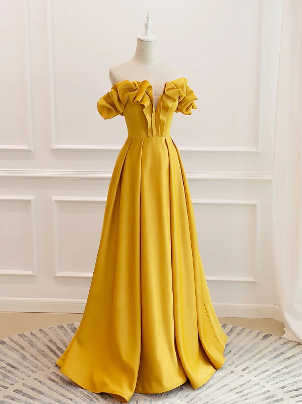 A-Line Off Shoulder Satin Yellow Long Prom Dress, Yellow Formal Evening Dress Tunics Corduroy durable A-Line Off Shoulder Satin Yellow Long Prom Dress, Yellow Formal Evening Dress Tunics Corduroy durable